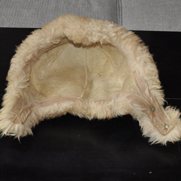 Vintage Wool Bonnet Hood Winter Hat Chin Strap Sheepskin Shearling Cap Unisex S - Picture 8 of 8
